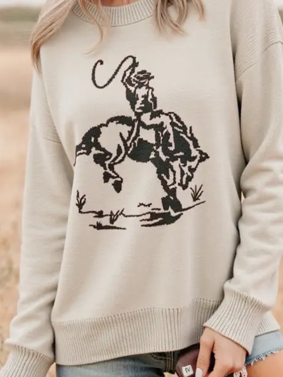Sweaters - Heathered Cream Roping Cowboy Crew Sweater Size XL Western Horses Rodeo